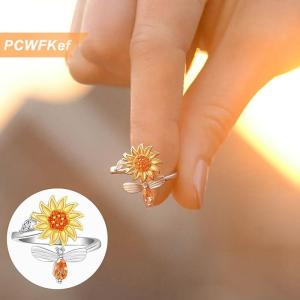 【PCWFKef】 แหวนเปิดปรับได้ลายดอกทานตะวันผายปอดแหวนทองแดงเพทายหมุนได้สำหรับผู้หญิงเครื่องประดับแฟชั่น