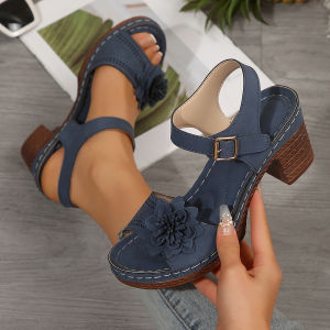 Free Shipping WomenS Wedge-Heeled Sandals With Thick Soles Chunky Heels Plus Sizes Floral Embellishments And A One-Strap Design High Heels