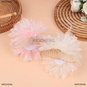 [COD] WEICHENG Fashion Feather Mesh Flower Hair Claw Temperament Pearl Hair Clip Elegant Headwear Hair Accessories