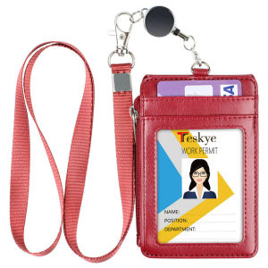 ID Badge Holder with Retractable Lanyard 4 Card Slots Premium PU Leather id Card Holder Zipper Pocket Easy Swipe Work School Metro Access Cards Cases