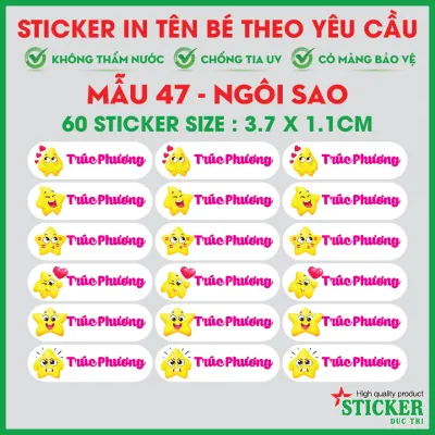 60 Sticker Dán Tem Tên Bé in theo yêu cầu. Dùng dán dụng cụ học tập cho bé. M41_60