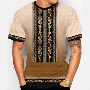 Summer Outfit for Men Ethnic Tribal Short-sleeved Shirt for Men Retro Traditional Eagle Floral Pattern Printed Top Loose Casual Breathable Comfortable Barong Fabric Modern Barong