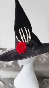 Trend Teen Witch Hat with Skull Hand Rose Applique Fashion Adult Teenager Witch Hat Halloween Carnivals Cosplay Hat