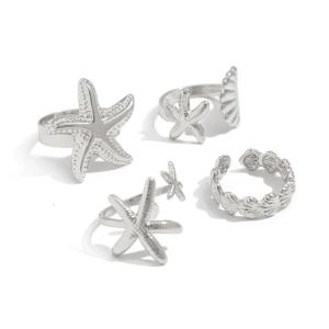 4Piece Coastal Chic Starfish Open Rings Set Adjustable Beach for Women Gold & Silver Trendy Summer Accessories