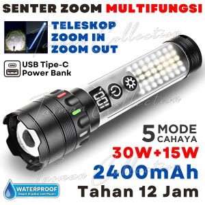 Senter Multifungsi Tahan 12 Jam Daya 30W Depan + 15W Samping Bisa Power Bank MX-W801