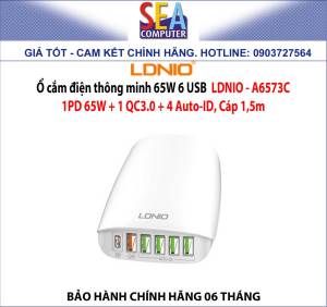 Ổ cắm điện thông minh 65W 6 USB LDNIO - A6573C - 1PD 65W + 1 QC3.0 + 4 Auto-ID Cáp 15m