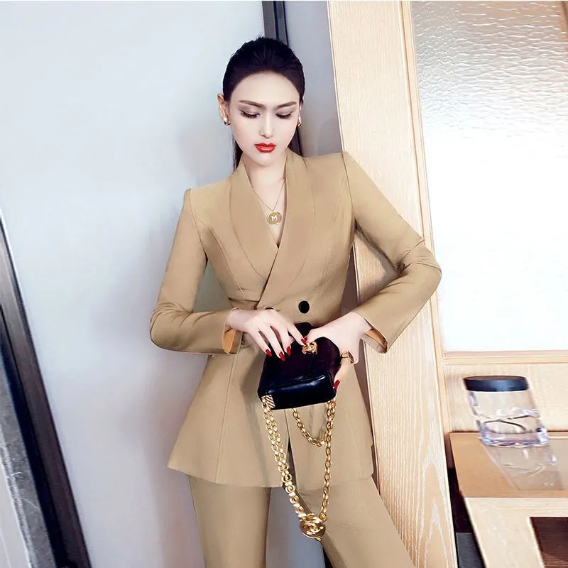 Autumn New Korean Fashion OL Women's Wear Mid-long Suit Jacket + Slim Suit  Pants Two-piece Set