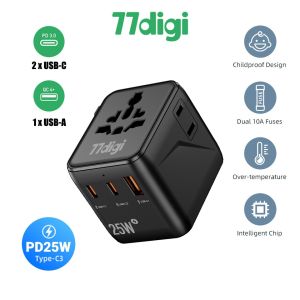 77digi PD 25W Travel Adapter PowerExtend 2 Type-C + 1 USB Fast Charging International Worldwide Universal Travel Plug Adapter WWA25