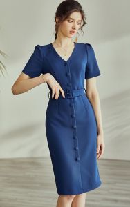 Đầm xanh dương cổ tim tay ngắn kèm đai hàng nút bọc