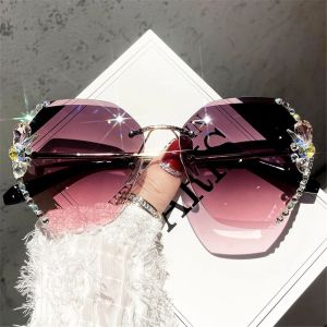 XU HOME Vintage Cutting Lens UV400 Rhinestone Sunglasses Rimless Sunglasses Women Sun Glasses Gradient