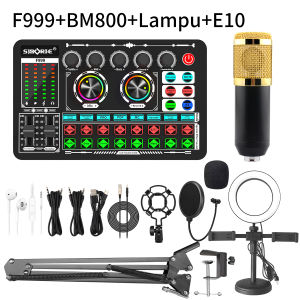 Siborie F999 soundcard+BM800 mic+Lampu+E10 headset Paket  recording lengkap Streaming Langsung