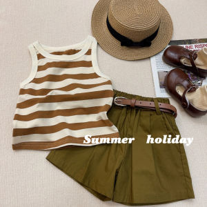 Girls Terno Girls Striped Suspender Tank Top With Shorts With Belt 3-piece Set Outfits For Kids Girl Clothes