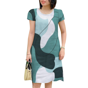 Womens Printed Retro A-line Shopping Commuting Dress Round Neck Short Sleeves Short Skirt 2239