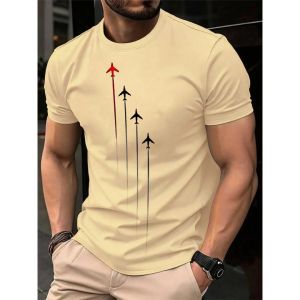 Fashionable Mens Minimalist T-Shirt Airplane Shaped Pattern Printed Casual Loose and Breathable Round Neck Short Sleeved Top