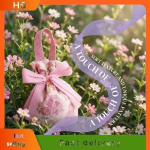 HB Floral Canvas Drawstring Jewelry Bag Small Bowknot and Pearl Chain Design for Gift Wrapping and Jewelry Organization