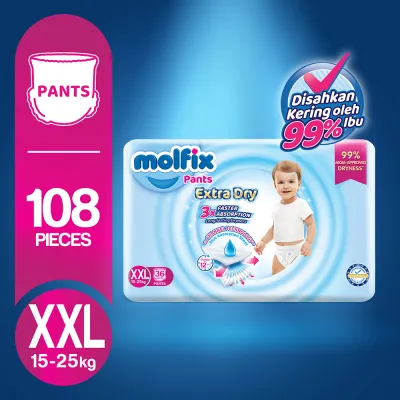 [3 Packs] Molfix Extra Dry Pants Baby Diaper Jumbo Pack (S66/M58/L48/XL42/XXL36/XXXL20)