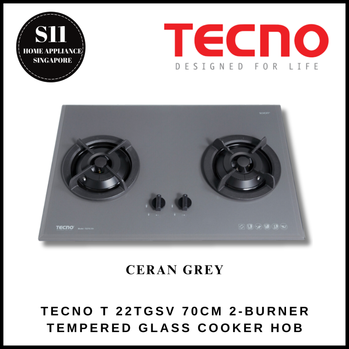 TECNO T 22TGSV 70CM 2-BURNER TEMPERED GLASS COOKER HOB + 1 YEAR WARRANTY