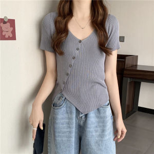 FRAN Fashion Women Slim Fit Short Sleeve Top Casual V-neck Button T-shirt Plain Top