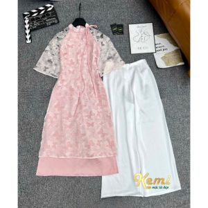 Váy nữ xinh Áo dài lụa voan tơ họa tiết chìm tay lửng Kemi 2 màu thanh lịch duyên dáng