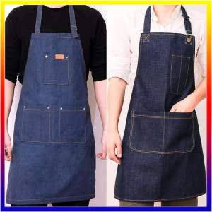 [คุณภาพสูง]ผ้ากันเปื้อน ผ้ากันเปื้อนยีนส์ ผ้ากันเปื้อนทำอาหาร ผ้ากันเปื้อน Denim Kitchen Apron ผ้ากันเปื้อนร้านกาแฟ
