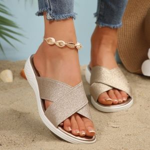 [Free Shipping] 2026 New Plus-Size WomenS Shoes Cross-Strap Solid Color Casual Wedge Heel Open-Toe Sandals For Outdoor Wear