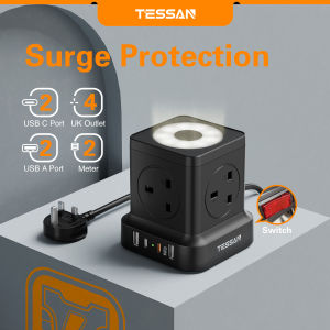 TESSAN Power Strip with Night Light Multi Plug Extension Socket Adapter with USB C Extension Cord