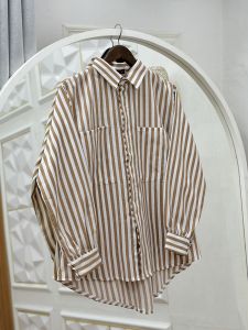 Aidi - Kemeja Salur Wanita Double Pocked - Atasan Wanita Oversize - Outfit Salur Wanita Kekinian - Kemeja Korean Style Wanita