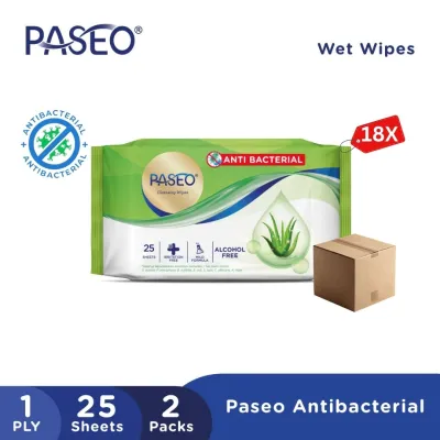 18 X Paseo Anti Bacterial with Aloe Vera Extract Wet Wipes 1 ply 25s (18x2 packs) (Carton Deal)