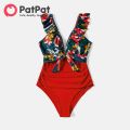 PatPat Family Matching Floral Print & Solid Spliced Ruffle Trim One-piece Swimsuit and Swim Trunks. 