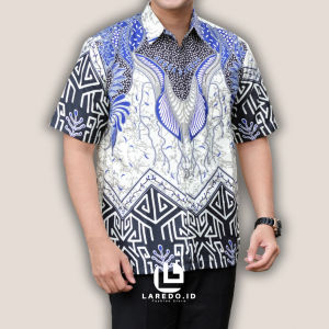 LAREDO ID  KEMEJA BATIK PENDEK  BAJU BATIK KEMEJA BATIK DASI BIRU FORMAL CASUAL SIZE M L XL XXL
