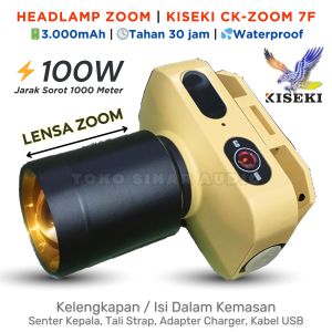 Senter Kepala KISEKI CK-Zoom 7F Terbaru Tahan 30 Jam Daya 100 Watt Baterai 3000mAh Tahan Air Dan Benturan Ready Cahaya Kuning Dan Putih Cas USB Tipe-C Headlamp | Headligt LED Rechargeable | TOKO SINAR AUDIO