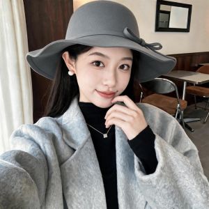 MYTHIS Single Face Woolen Wide Brim Hat Adjustable Fits 55cm To 58cm Head Circumference Round Top Hat Elegant Fall Winter Formal Hat For Women