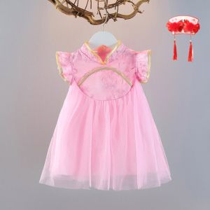 LOlanta Toddler Girls New Year Dress Kids New Chinese Style Ethnic Elements Flutter Sleeve Mesh Dress Festival Casual Daily Wear
