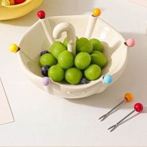 PYA94 with 6 Forks Ceramic Fruit Bowl with Fork Stainless Steel Fork Umbrella Shaped Creative Fruit Plate Cute with Handle Fruit Basin Fork Set Room