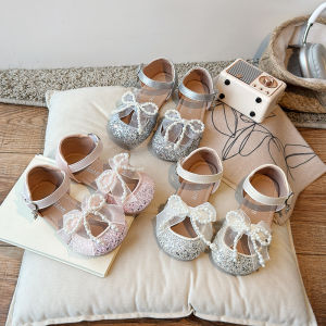 Summer Party Girls Round Toe Sandals Pure Color Platform Bling Sequin Flat Heels School Student Casual Dancing Shoes Girl J04051