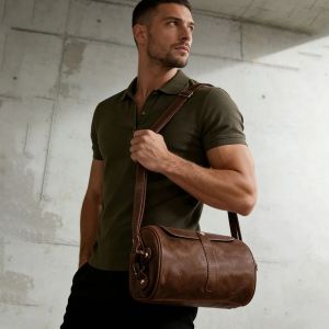 LION VERA Mens Leather Diagonal Cross Bag Large Capacity 10.2-inch Cylindrical Bag Fashion Business Shoulder Bag