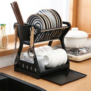 WENTIVV Household Kitchen Dish Rack Double-layer Removable Dish Drying Rack Tableware Organizer Chopstick Cage Dish Storage Rack For Home