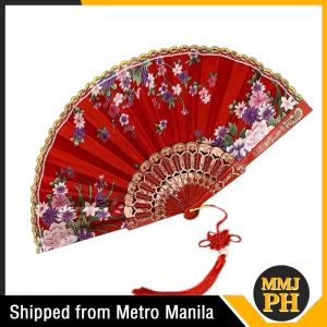 Silk Cloth Gold Edge Fans Chinese Style Flower Folding Hand Held Fan Chinese Traditional Dance Fan
