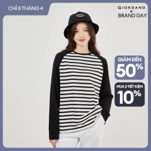 GIORDANO Nữ Áo thun tay lỡ sọc màu tương phản 100% cotton cổ tròn thời trang thường ngày 13323862
