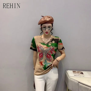REHIN Womens top Fashion print with diamonds V-neck neck short-sleeved T-shirt stretch trend blouse