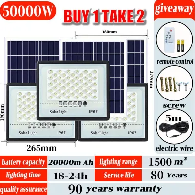 🎁BUY 1 TAKE 2🎁Lampu Solar Light 50000W Solar Flood Light LED Light waterproof Street Lamp heavy duty with solar Waterproof panel bulb garden lamp outdoor original
