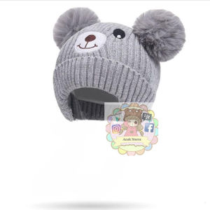 Kupluk Bayi Beruang Pompom Model Korea laki laki perempuan lucu 1 bulan - 3 Tahun