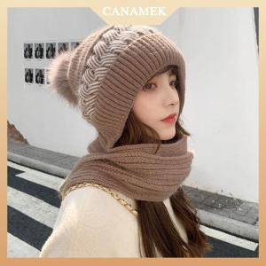 [CANAMEK] Womens Korean Hooded Scarf Winter Hats Woman Cold Protection Warm Scarf Hat Cute Fur Ball Ear Protection Thickened Knitted Hat