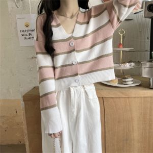 FRAN Striped Short Sweater Coat Womens Spring And Autumn Gentle Style Knitted Cardigan Top