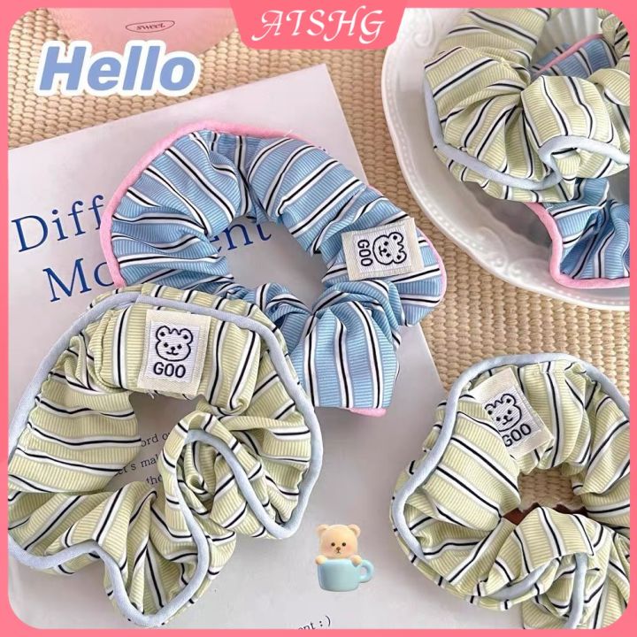 Cream Striped Hair Ring Female Sweet Bear Mori Cute Scrunchie High Elastic Hair Accesssories