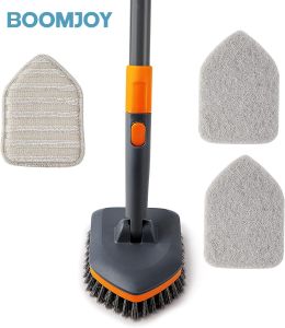 BOOMJOY Tile Tub Scrubber Brush with 3 Different Function Cleaning Heads and 56" Extendable Long Handle-No Scratch Shower Scrubber for Cleaning Bathroom Kitchen Toilet WallBathtubSinkGrey