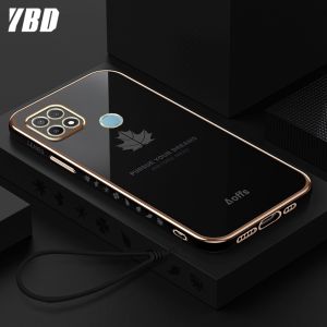 YBD Ốp Điện Thoại Mạ Cạnh Thẳng Cho OPPO A15 A15S Ốp Bảo Vệ Máy Ảnh Chính Xác Ốp Họa Tiết Lá Phong Có Dây Đeo Miễn Phí