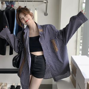Gaya Korea Wanita Kemeja Lengan Panjang Retro Biru Garis Longgar Atas