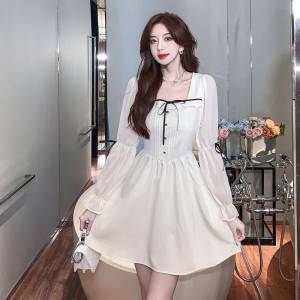 challis long sleeve dress plus size french mini semi formal dress for women button down beige dress korean style fairy