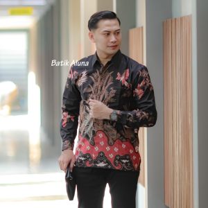 Kemeja Batik Pria Lengan Panjang Keren Mewah Hitam Elegant Premium Bahan Katun Lapis Furing PCW21